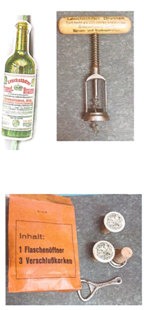 Historische verkorkte Flasche und Öffner